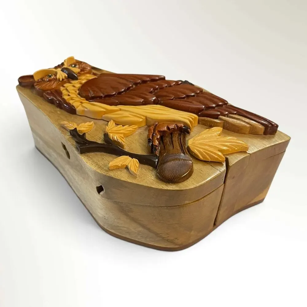 Handcrafted Wood Owl Secret Puzzle Jewelry/Trinket Box Red Velvet Lined